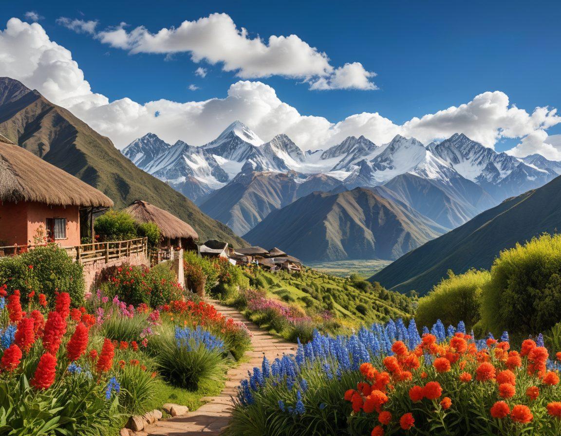 A breathtaking view of the Andes mountains with lush greenery and colorful wildflowers in the foreground. Show a diverse group of travelers exploring a local village with traditional architecture, engaged in cultural activities like weaving and cooking. Include a clear blue sky with fluffy clouds overhead, suggesting a vibrant eco-friendly atmosphere. super-realistic. vibrant colors. panoramic view.