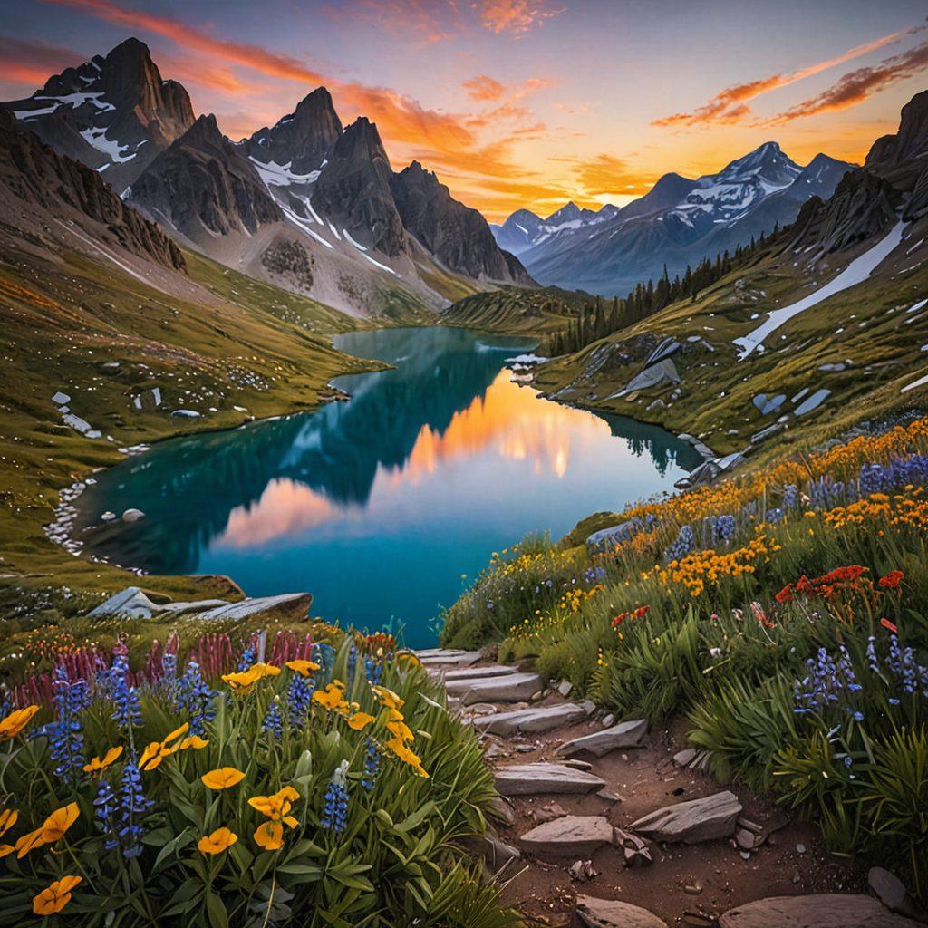 A breathtaking mountain landscape showcasing the alluring trails of Cajalosandes, with vibrant wildflowers framing a winding path. In the distance, majestic peaks kiss the sky under a soft golden sunset, while a serene lake reflects the stunning view. A hiker, silhouetted against the backdrop, traverses the trail, embodying the spirit of adventure and exploration. super-realistic. vibrant colors. 3D.