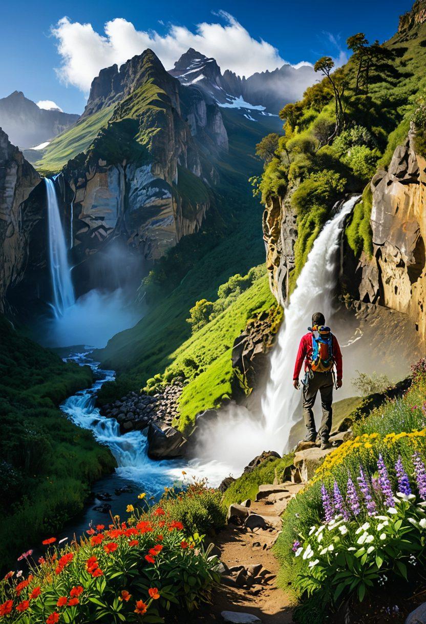 A breathtaking panoramic view of the Cajalosandes landscape, featuring lush green valleys, majestic snow-capped Andes mountains, and a vibrant blue sky dotted with fluffy clouds. Incorporate adventure elements like a winding trail, a roaring waterfall, and a diverse array of colorful wildflowers. Include a hiker capturing the moment with a camera to evoke a sense of exploration. super-realistic. vibrant colors. 3D.